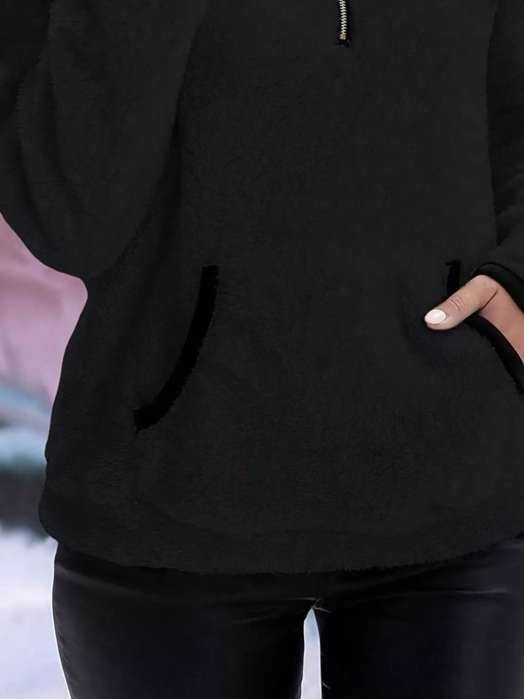 Women's fuzzy quarter zip pullover sweater with stand collar, kangaroo pocket and black contrast trim - view 26
