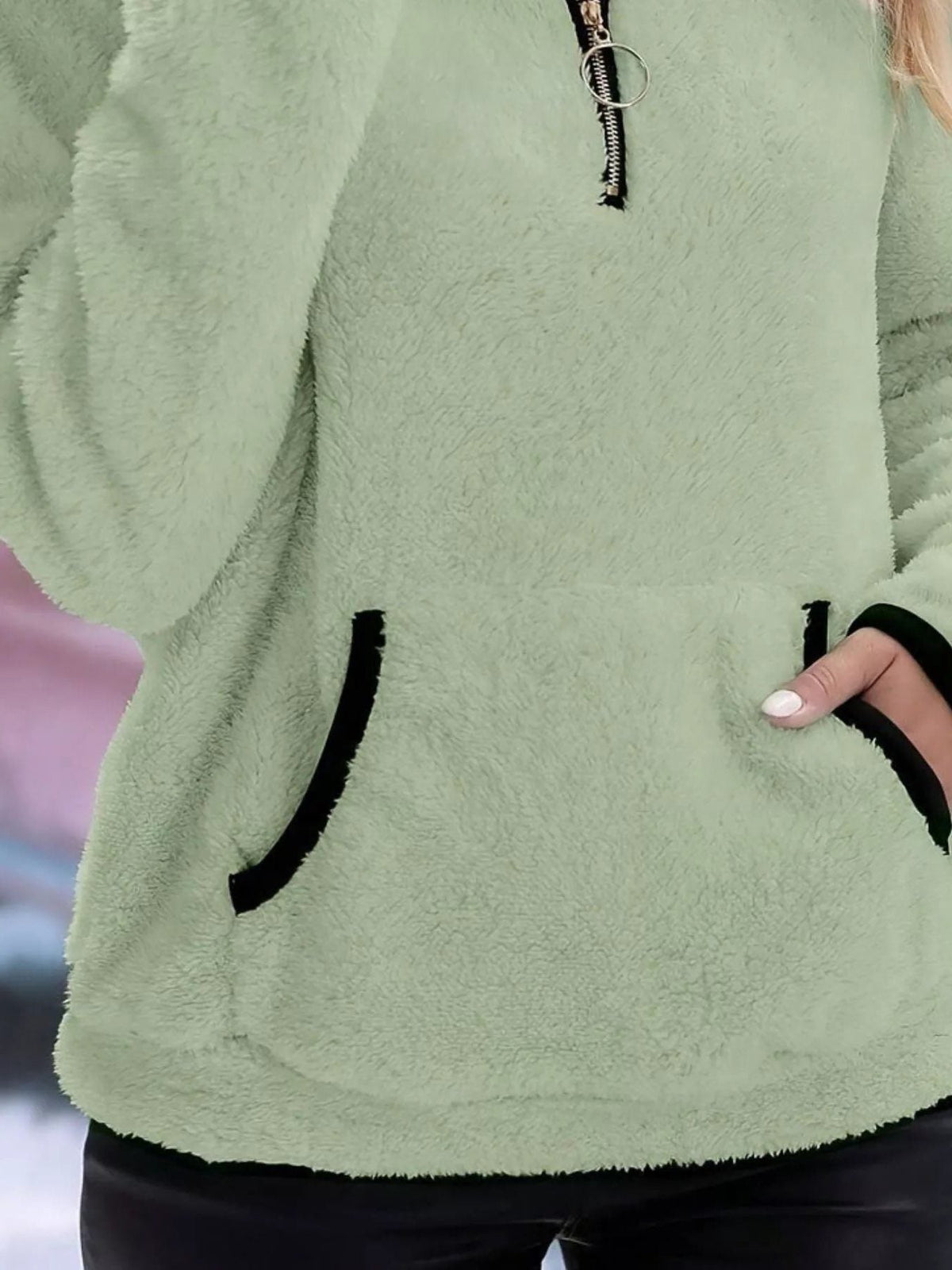 Women's fuzzy quarter zip pullover sweater with stand collar, kangaroo pocket and black contrast trim - view 29