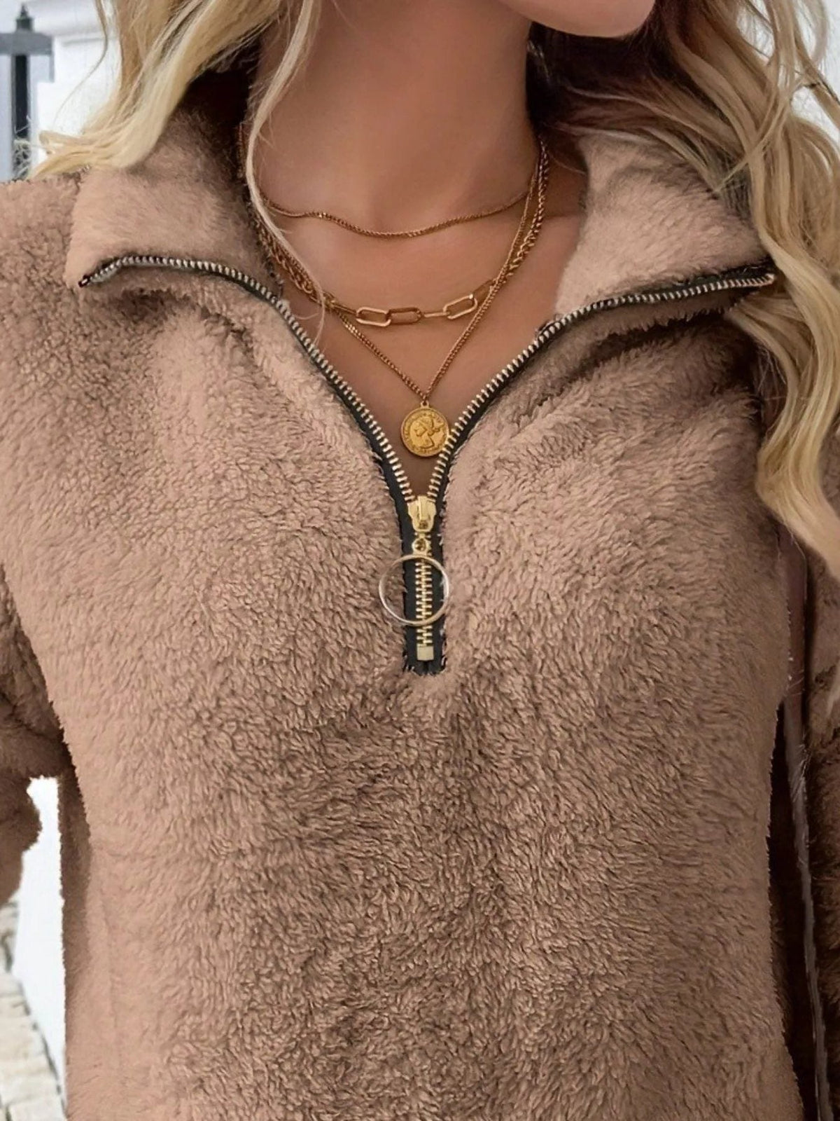 Women's fuzzy quarter zip pullover sweater with stand collar, kangaroo pocket and black contrast trim - view 3