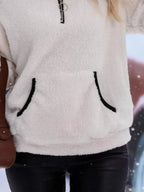 Women's fuzzy quarter zip pullover sweater with stand collar, kangaroo pocket and black contrast trim - view 5