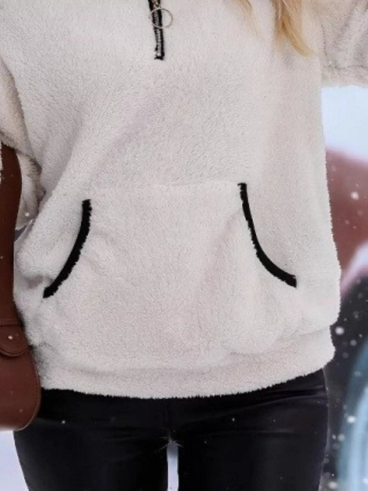 Women's fuzzy quarter zip pullover sweater with stand collar, kangaroo pocket and black contrast trim - view 5