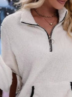 Women's fuzzy quarter zip pullover sweater with stand collar, kangaroo pocket and black contrast trim - view 6