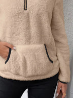 Women's fuzzy quarter zip pullover sweater with stand collar, kangaroo pocket and black contrast trim - view 8
