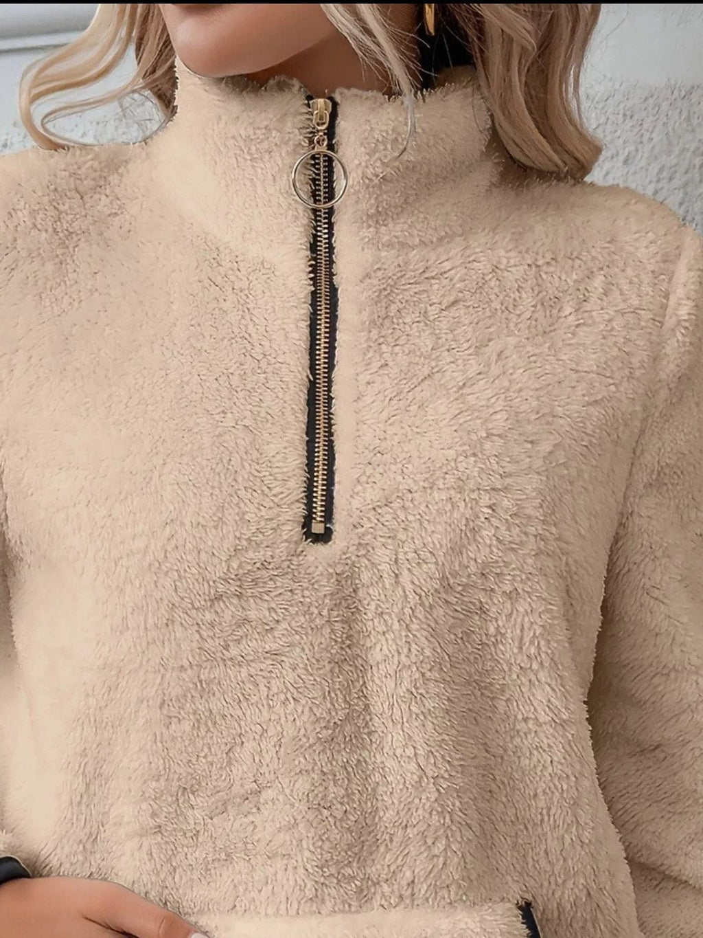 Women's fuzzy quarter zip pullover sweater with stand collar, kangaroo pocket and black contrast trim - view 9