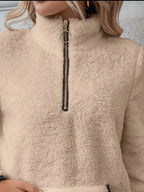 Women's fuzzy quarter zip pullover sweater with stand collar, kangaroo pocket and black contrast trim - view 9