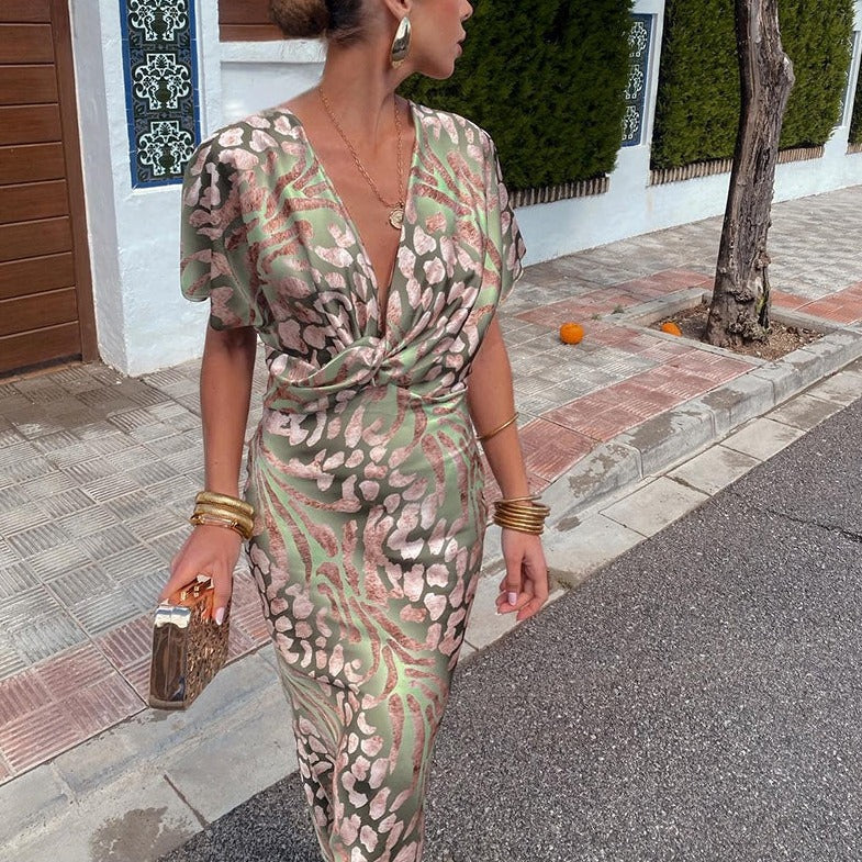 Green and pink animal print satin dress with twist front V-neck and flutter sleeves - view 3