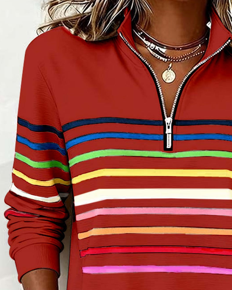 Women's rainbow striped quarter zip sweater with stand collar and ribbed cuffs - view 10