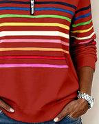 Women's rainbow striped quarter zip sweater with stand collar and ribbed cuffs - view 11