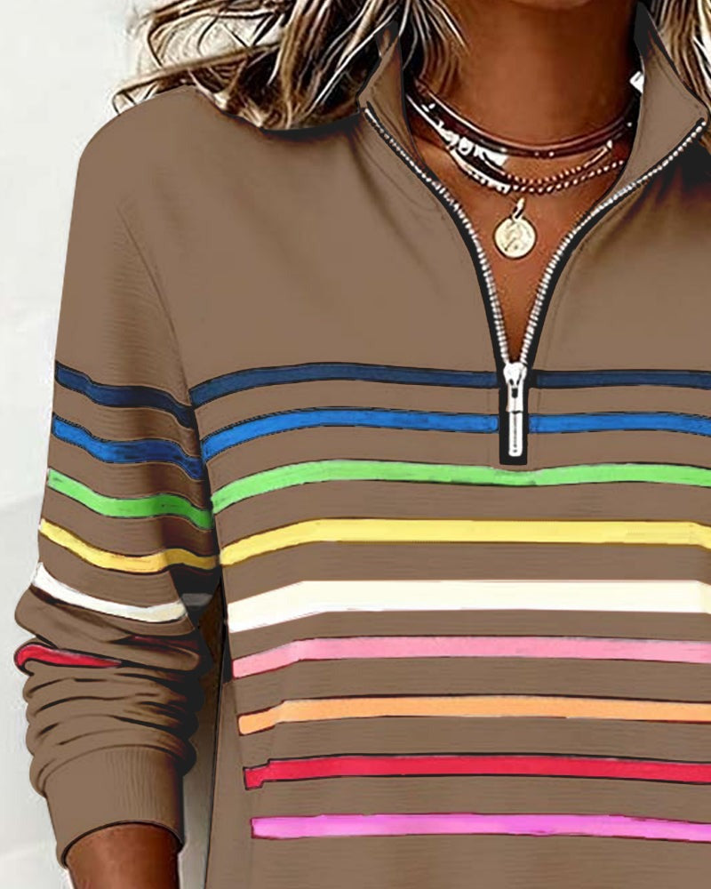 Women's rainbow striped quarter zip sweater with stand collar and ribbed cuffs - view 13