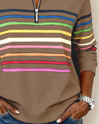 Women's rainbow striped quarter zip sweater with stand collar and ribbed cuffs - view 14