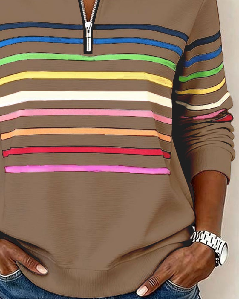 Women's rainbow striped quarter zip sweater with stand collar and ribbed cuffs - view 14