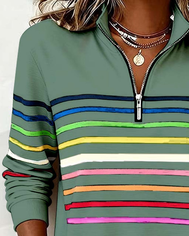 Women's rainbow striped quarter zip sweater with stand collar and ribbed cuffs - view 16