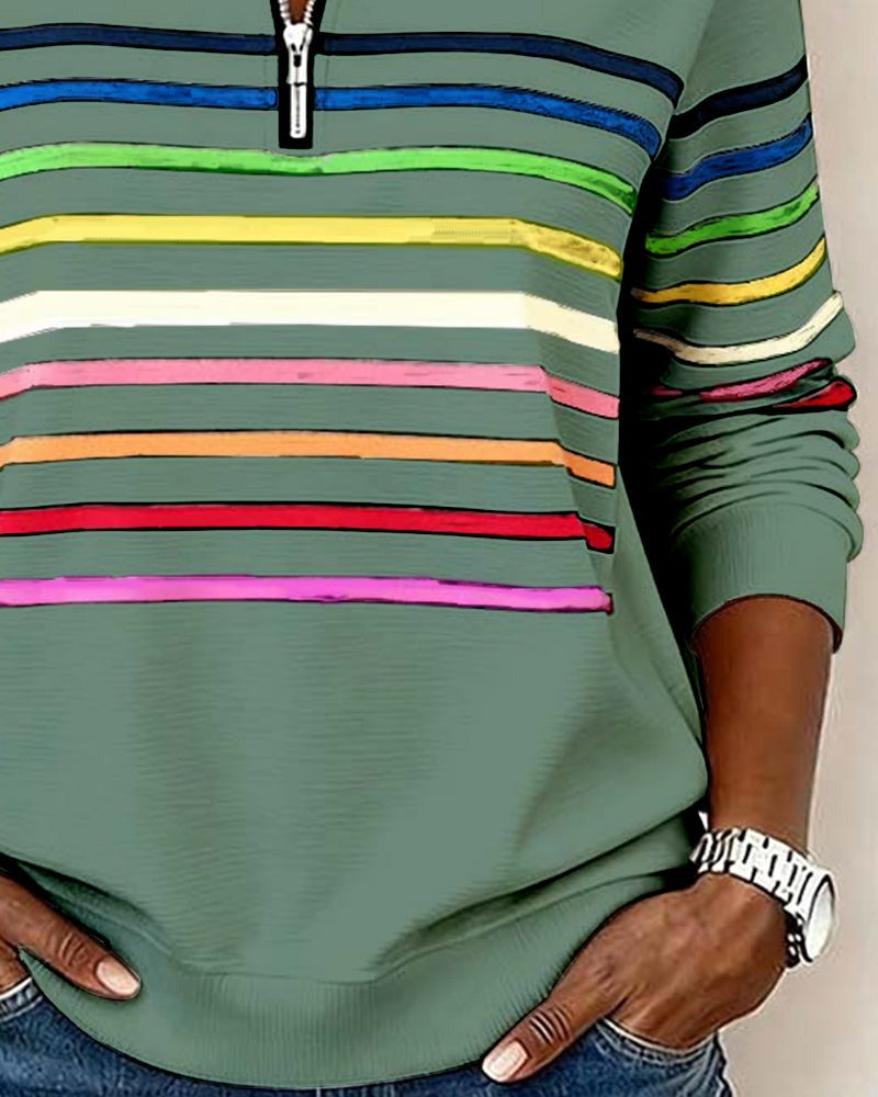Women's rainbow striped quarter zip sweater with stand collar and ribbed cuffs - view 17
