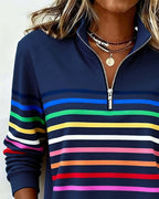 Women's rainbow striped quarter zip sweater with stand collar and ribbed cuffs - view 2