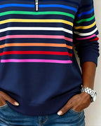 Women's rainbow striped quarter zip sweater with stand collar and ribbed cuffs - view 3