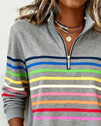 Women's rainbow striped quarter zip sweater with stand collar and ribbed cuffs - view 4
