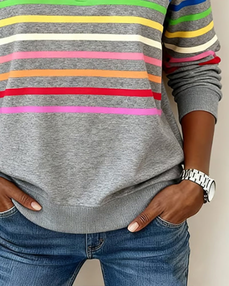 Women's rainbow striped quarter zip sweater with stand collar and ribbed cuffs - view 5