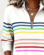 Women's rainbow striped quarter zip sweater with stand collar and ribbed cuffs - view 7