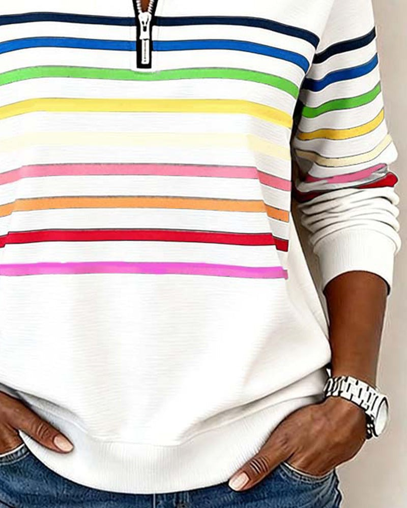Women's rainbow striped quarter zip sweater with stand collar and ribbed cuffs - view 8