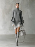 Ribbed turtleneck sweater mini dress with balloon sleeves and white lace hem and cuffs - view 2