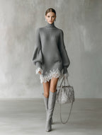 Ribbed turtleneck sweater mini dress with balloon sleeves and white lace hem and cuffs - view 2