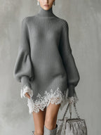 Ribbed turtleneck sweater mini dress with balloon sleeves and white lace hem and cuffs - view 4
