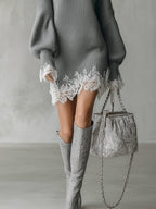 Ribbed turtleneck sweater mini dress with balloon sleeves and white lace hem and cuffs - view 5