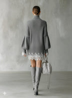 Ribbed turtleneck sweater mini dress with balloon sleeves and white lace hem and cuffs - view 7