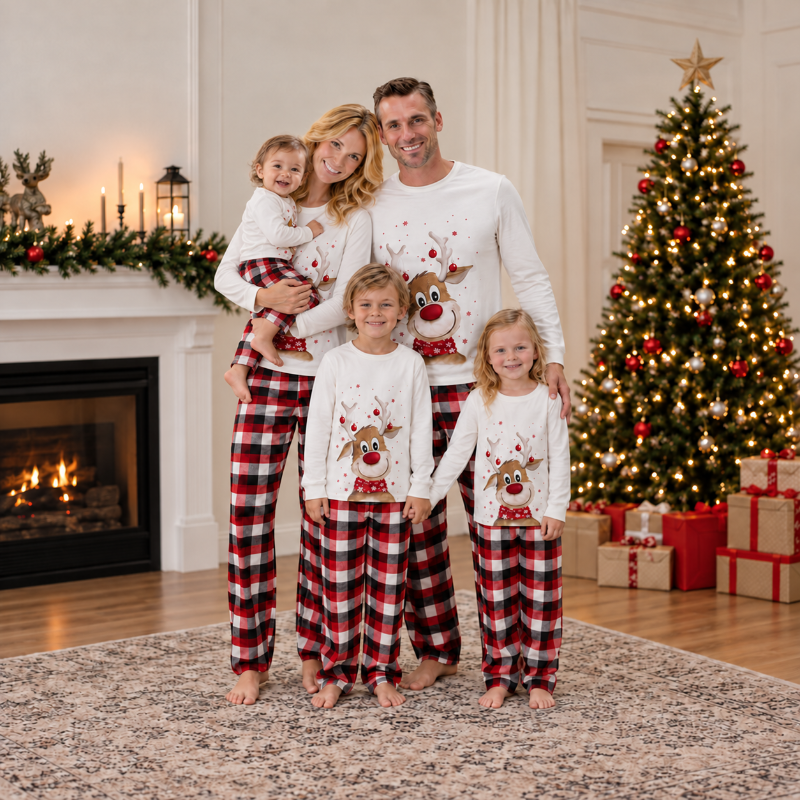 Family wearing matching Christmas pajamas with white reindeer print tops and red black plaid pants