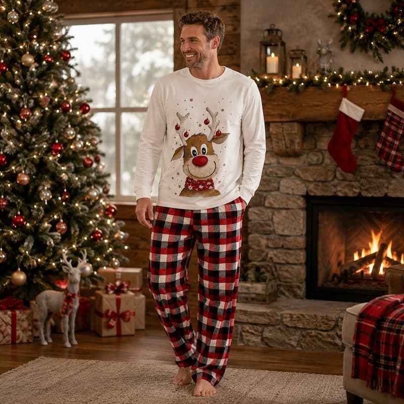 Family wearing matching Christmas pajamas with white reindeer print tops and red black plaid pants - view 2