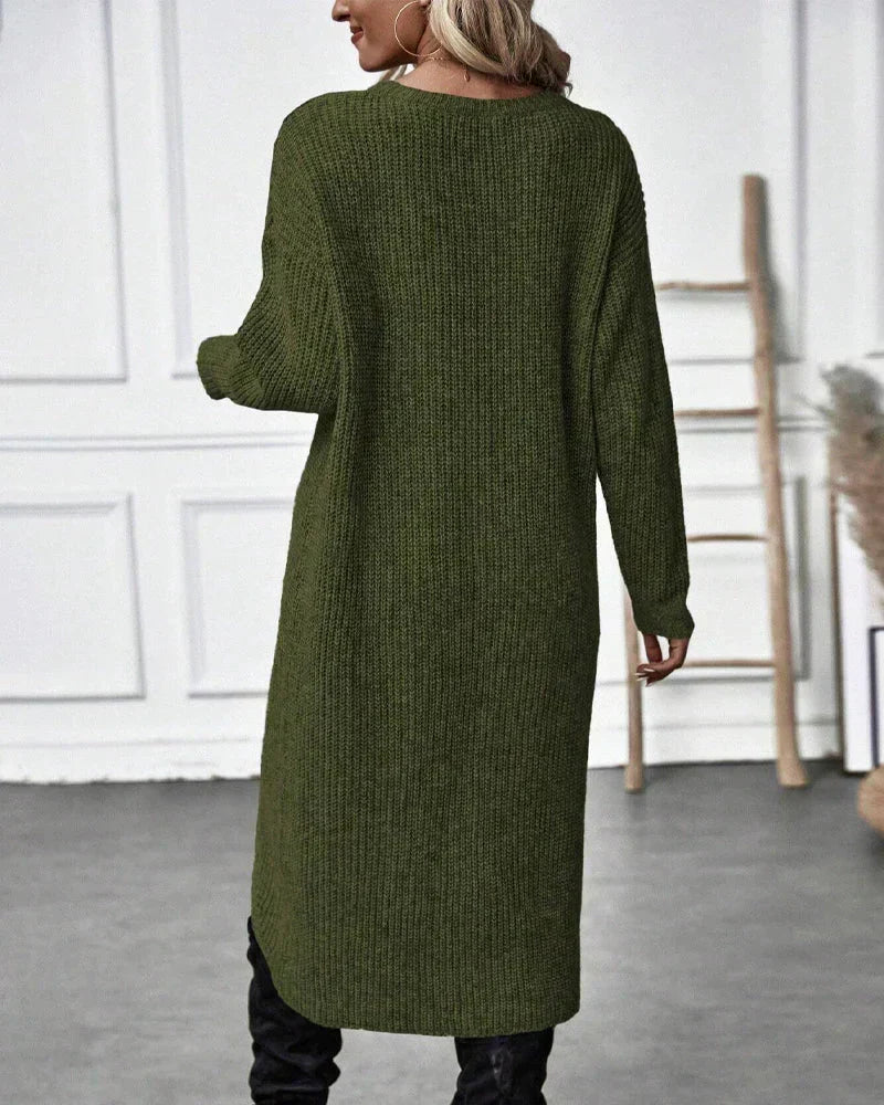 Ribbed knit crew neck sweater dress with long sleeves and wrap split hem - view 3