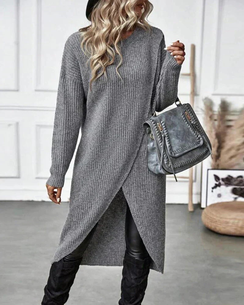 Ribbed knit crew neck sweater dress with long sleeves and wrap split hem - view 5