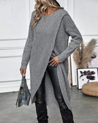 Ribbed knit crew neck sweater dress with long sleeves and wrap split hem - view 7