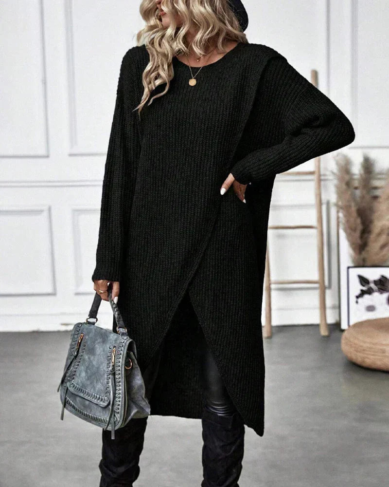 Ribbed knit crew neck sweater dress with long sleeves and wrap split hem - view 8