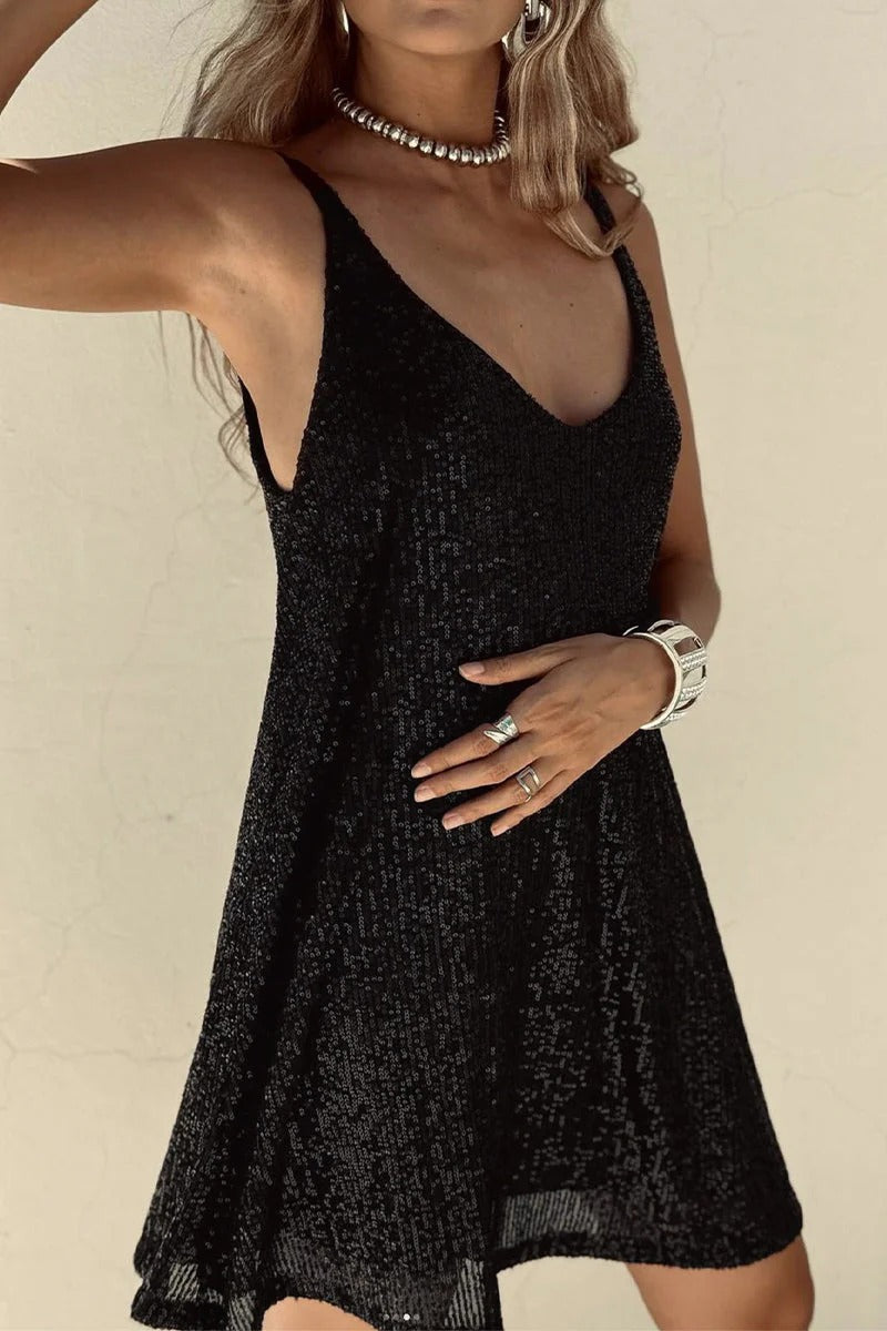 Sequin V-neck cami mini dress with tie waist - view 18