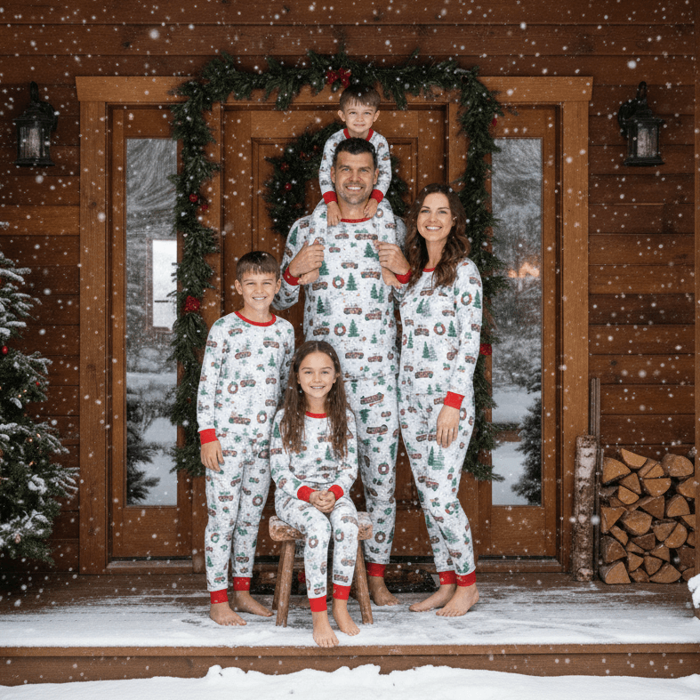 Family matching Christmas pajamas with red plaid tree truck print and red cuffs