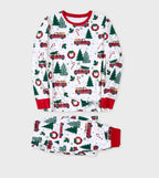 Family matching Christmas pajamas with red plaid tree truck print and red cuffs - view 4