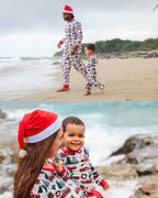 Family matching Christmas pajamas with red plaid tree truck print and red cuffs - view 7