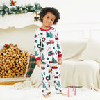 Family matching Christmas pajamas with red plaid tree truck print and red cuffs - view 9