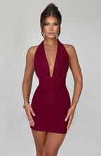 Burgundy cowl neck halter mini dress with plunge front and open tie back