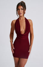 Burgundy cowl neck halter mini dress with plunge front and open tie back - view 10