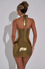 Burgundy cowl neck halter mini dress with plunge front and open tie back - view 17