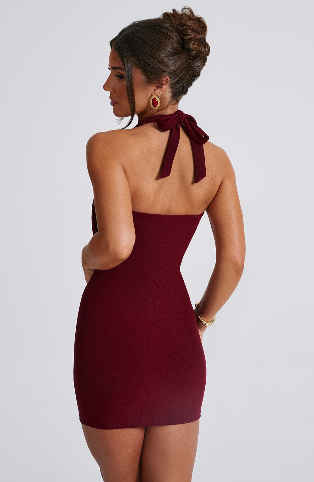 Burgundy cowl neck halter mini dress with plunge front and open tie back - view 2
