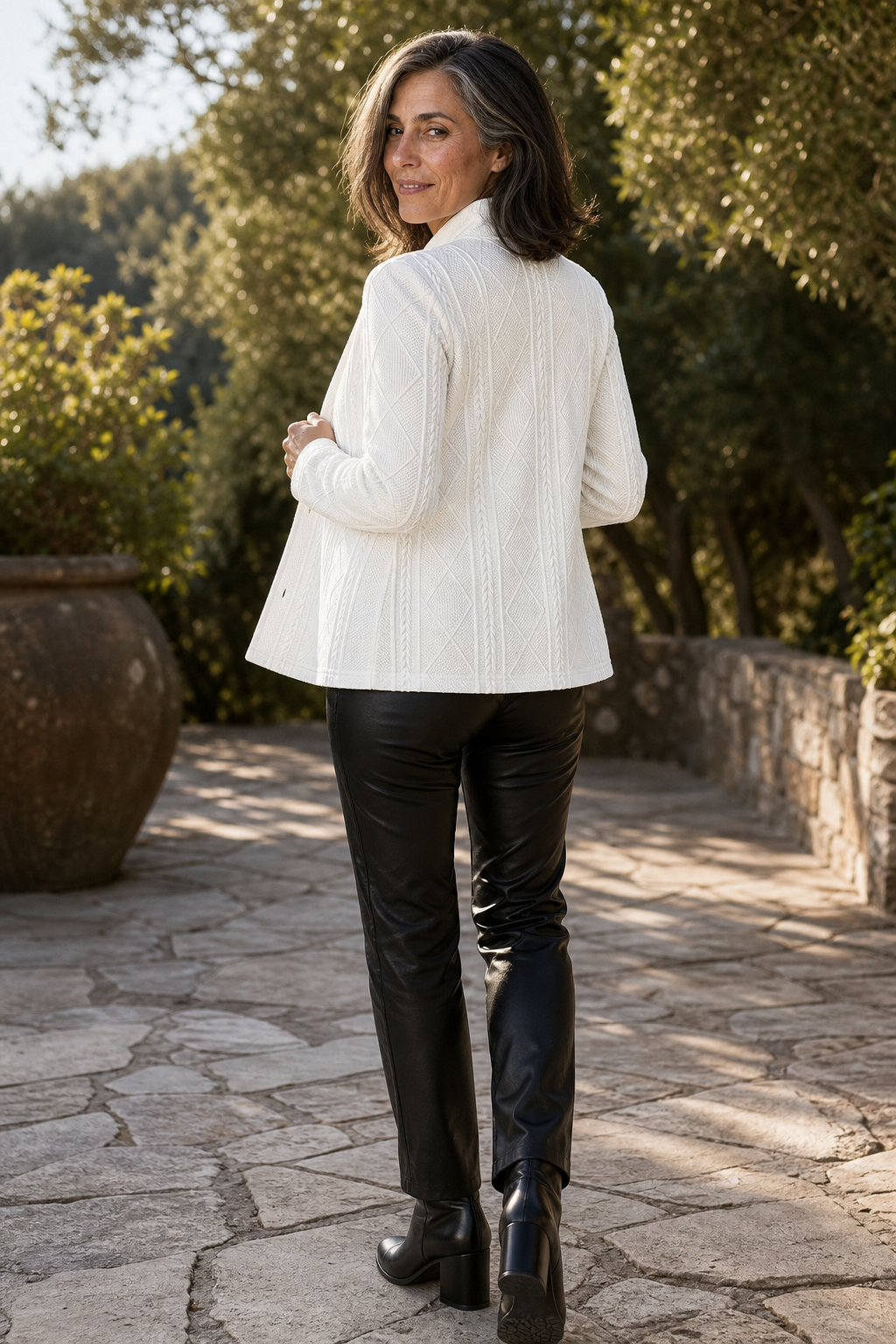 White stand collar knit blazer jacket with cable texture and dark buttons - view 4