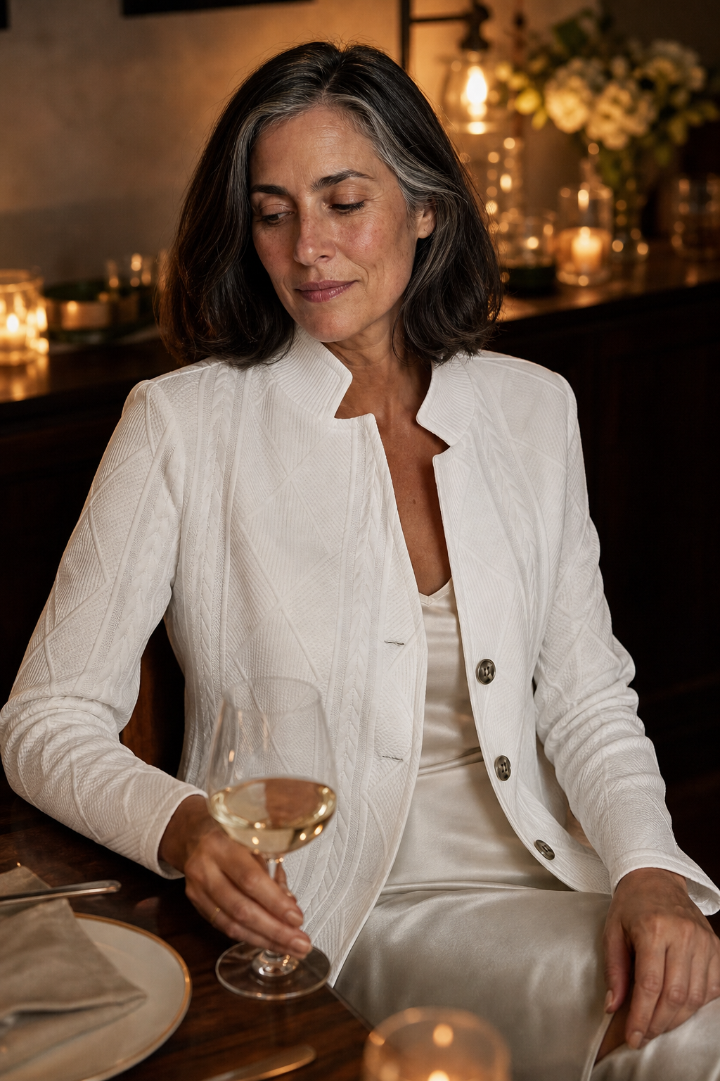 White stand collar knit blazer jacket with cable texture and dark buttons - view 5