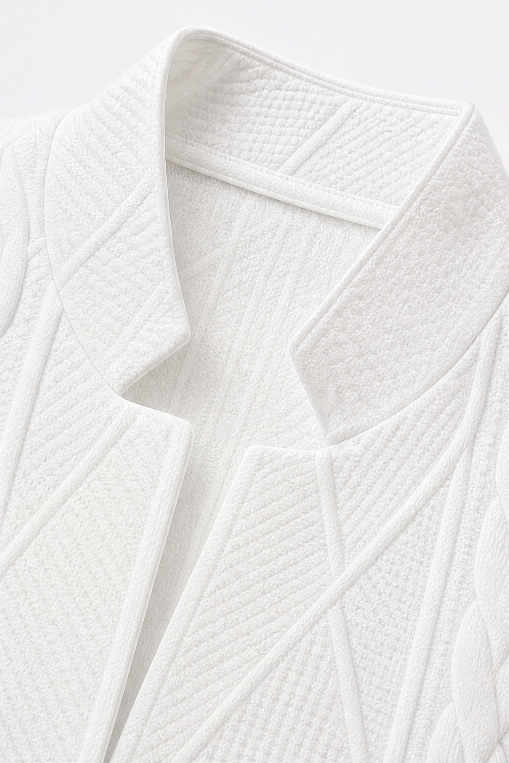 White stand collar knit blazer jacket with cable texture and dark buttons - view 6