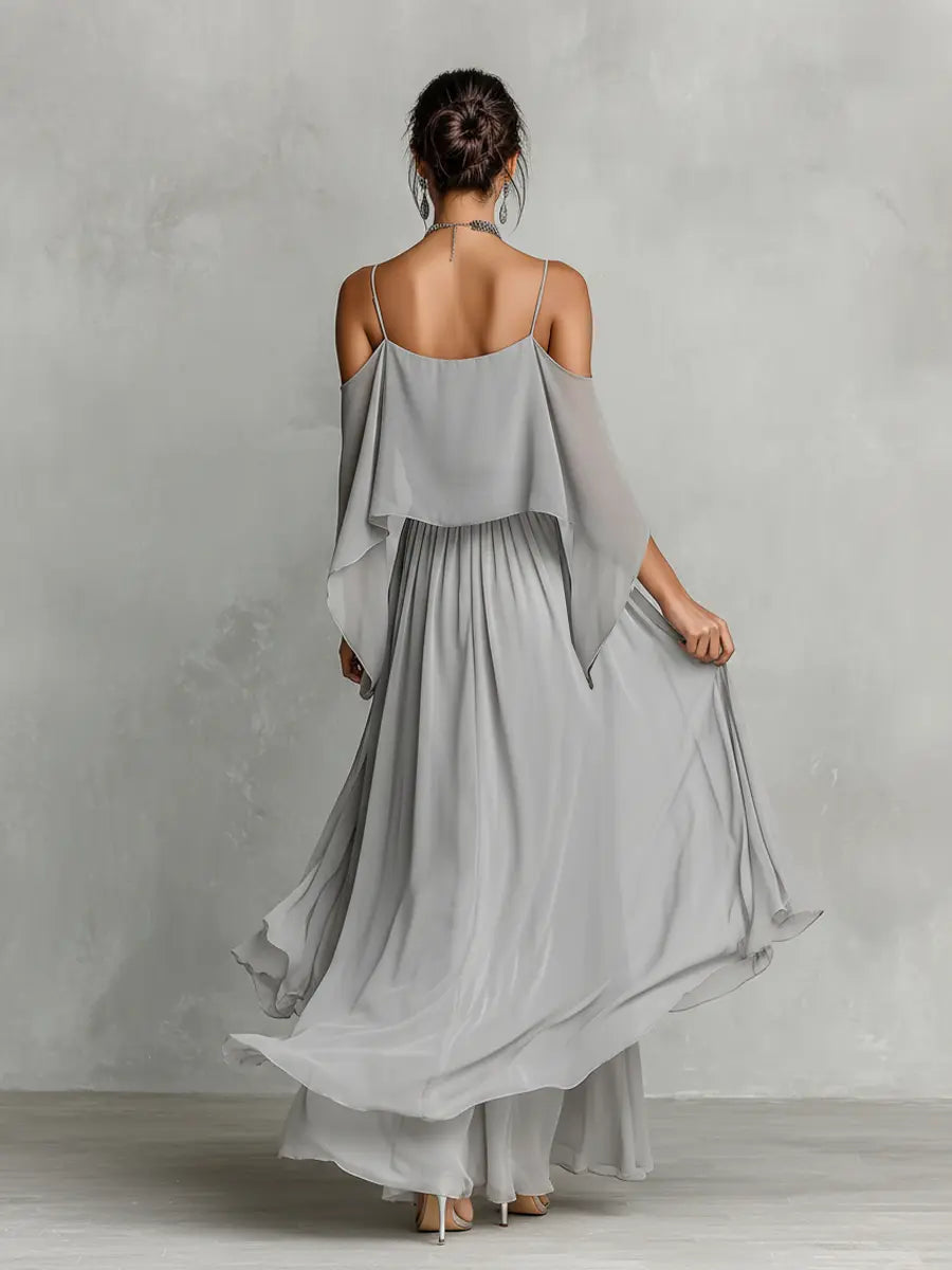 Simone | Women's Breathable Chiffon Set With Cold-Shoulder Detail & Flared Silhouette oaklynwear