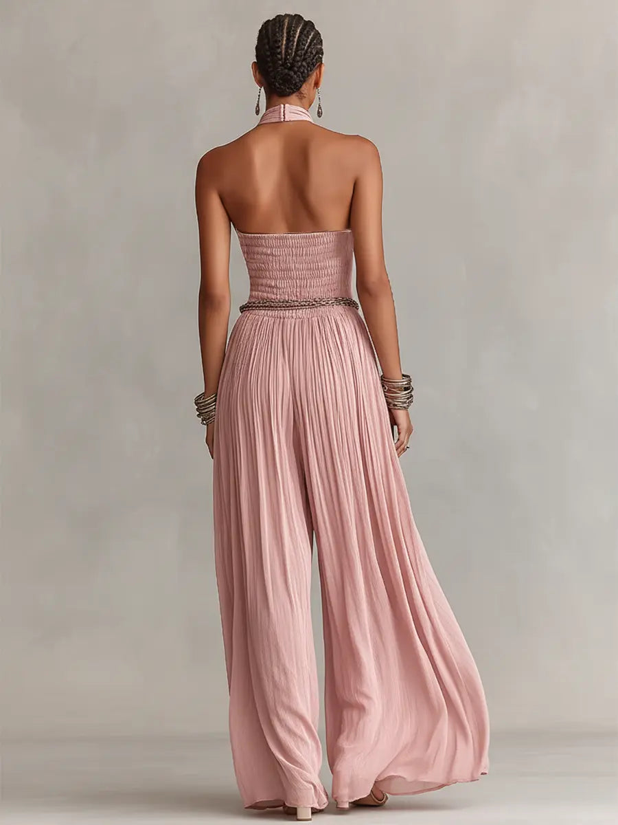 Rosa | Women's Blush Pleated Jumpsuit With Halter Neck & Ruched Waist oaklynwear