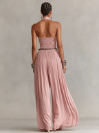 Rosa | Women's Blush Pleated Jumpsuit With Halter Neck & Ruched Waist oaklynwear