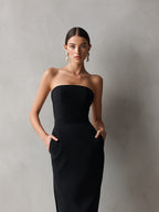 Strapless fitted midi cocktail dress with waistband, side pockets and front slit - view 2